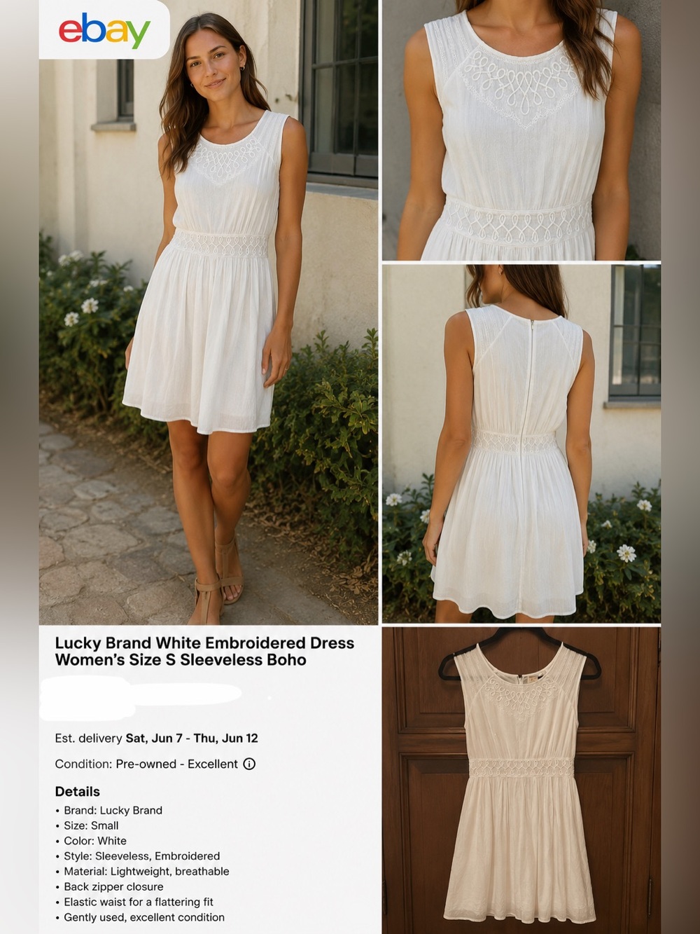 Lucky Brand Cream Sleeveless Embroidered Sundress